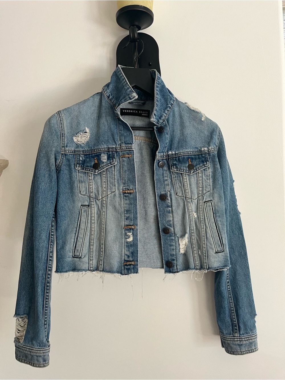 Veronica Beard Light Blue Distressed Cropped Denim Jacket